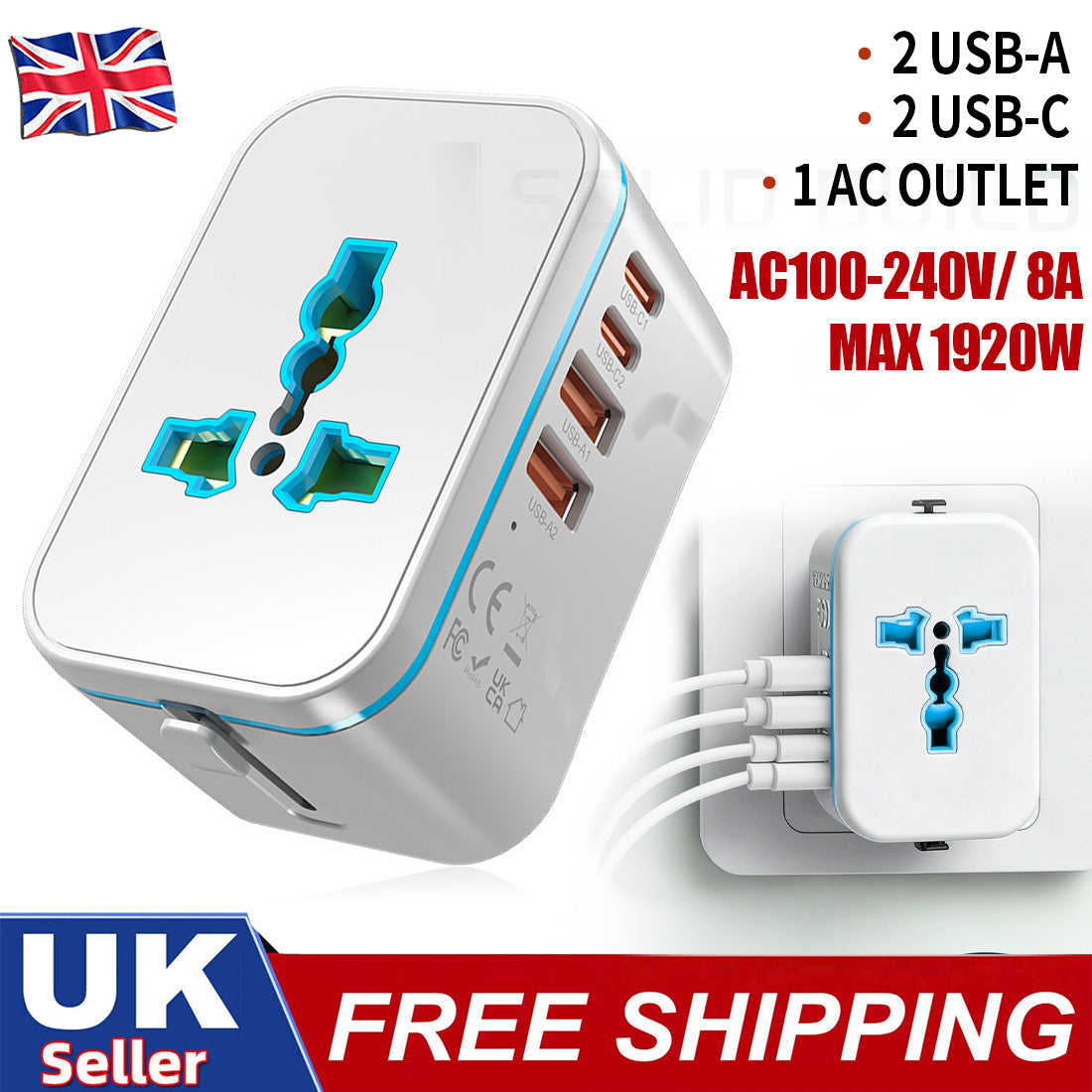 Universal Travel Adapter Worldwide Plug UK EU AU US With USB-C Port Fast Charger